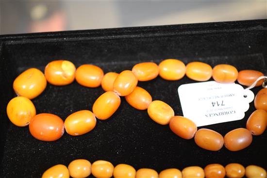 A single strand graduated ovoid amber bead necklace, 19in.